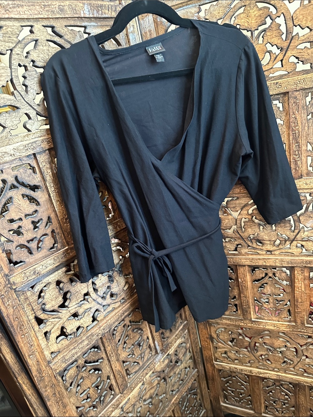 Eileen Fisher Black 3/4 Sleeve Wrap Top Size L